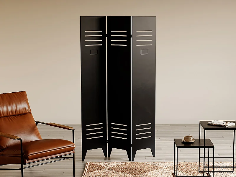 Biombo industrial tipo puerta de taquilla de metal de 3 hojas - An. 107 x Al. 178 cm - Negro - CASILY
