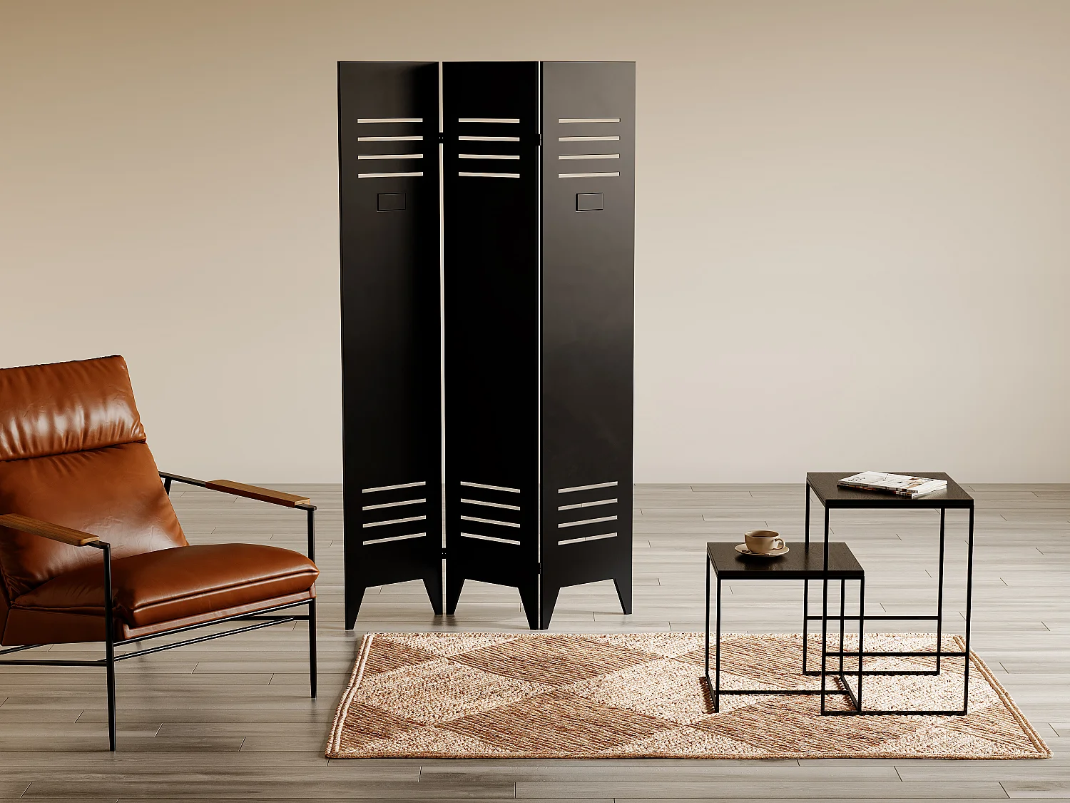 Industrieel kamerscherm met lockerdeur van metaal met 3 luiken - L107 x H178 cm - Zwart - CASILY