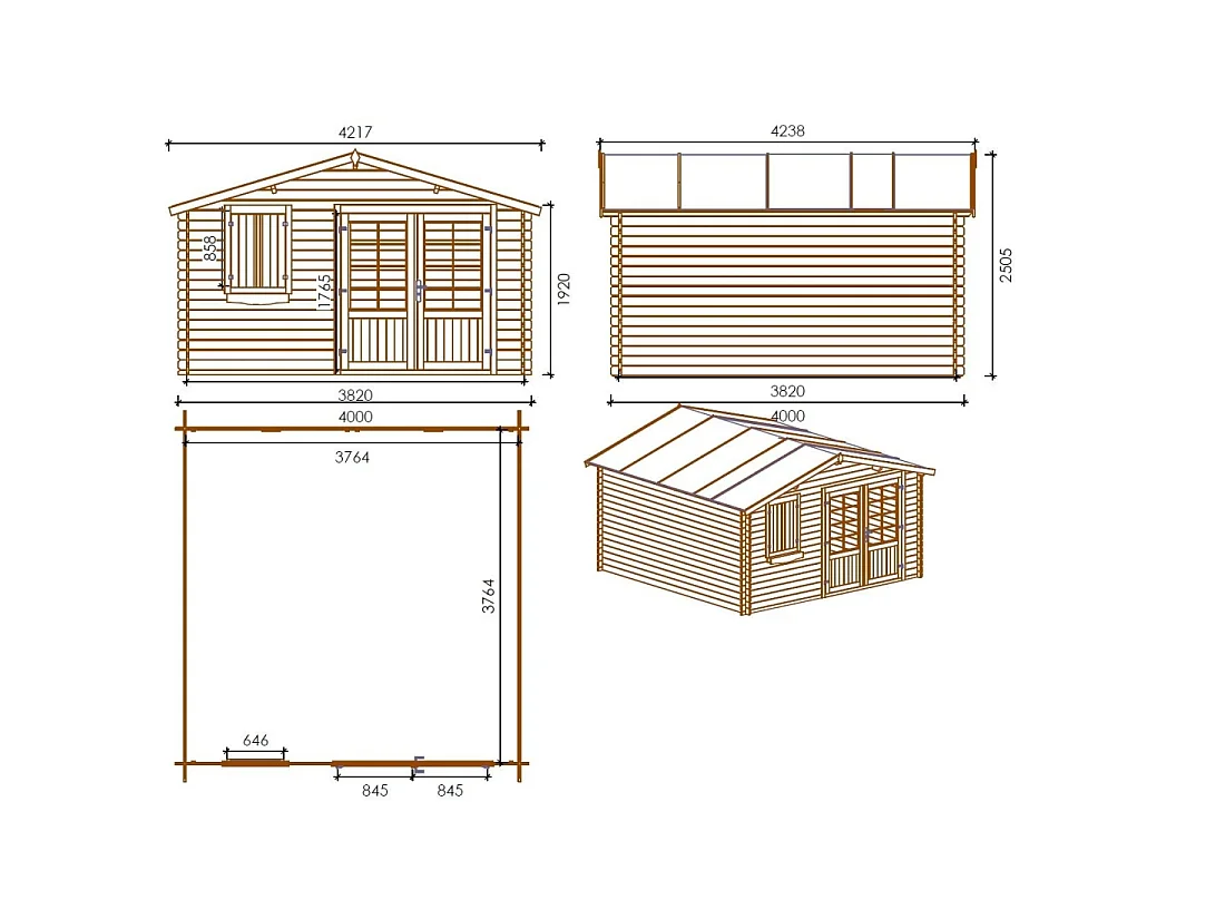Abri de jardin en bois - 16m2 - 4x4m - Traité - Ep. 28mm - Couleur: marron - DOM181 - ALTANKA