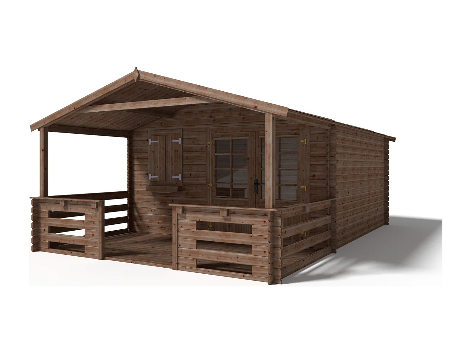 Casetta da giardino in legno con veranda e tettoia - 24m2 - 4x4m - impregnata - 28mm - colore: marrone - DOM181+DOM78+DOM79+POD05 - ALTANKA