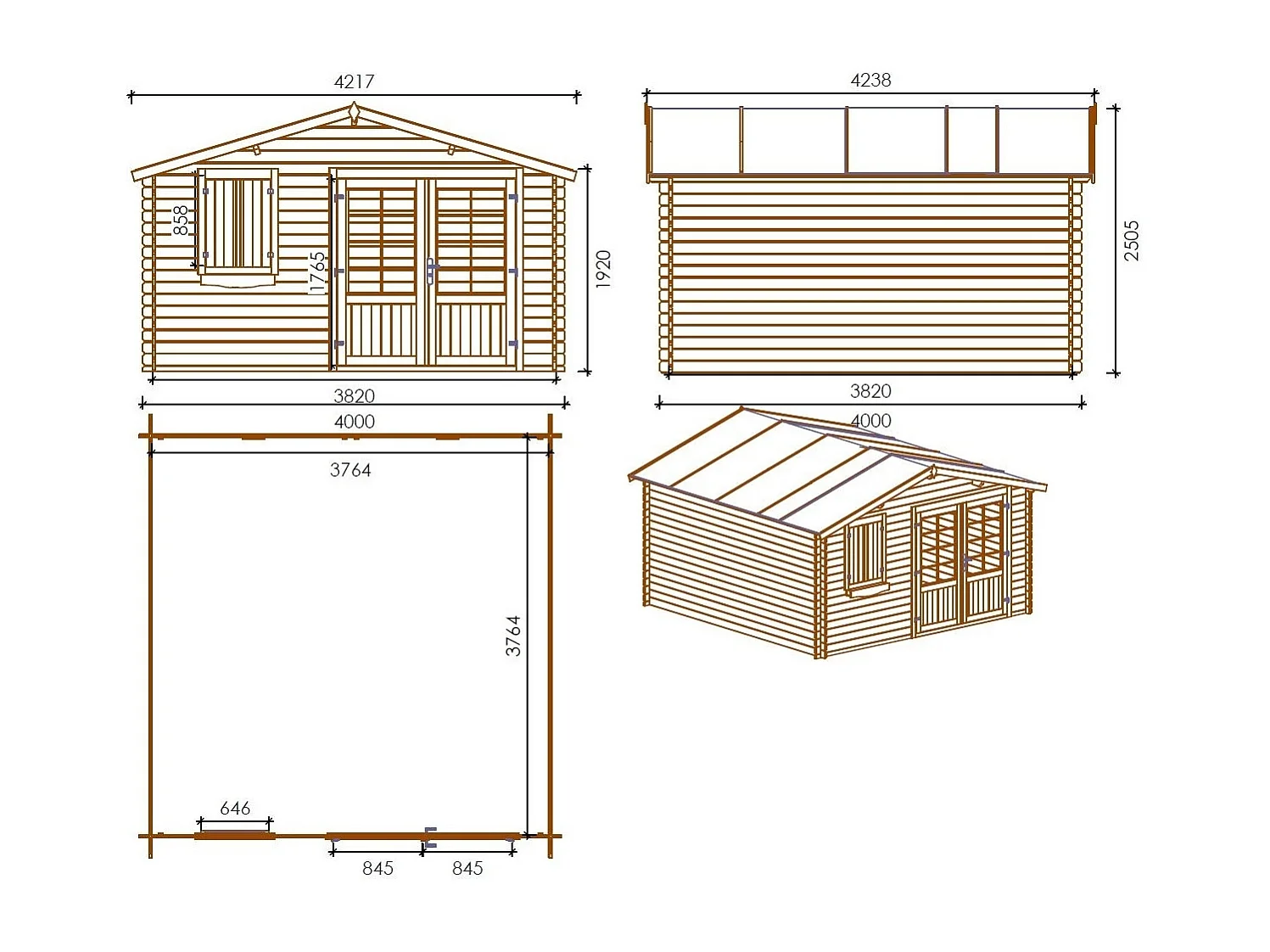 Casetta da giardino in legno con veranda e tettoia - 24m2 - 4x4m - impregnata - 28mm - colore: marrone - DOM181+DOM78+DOM79+POD05 - ALTANKA
