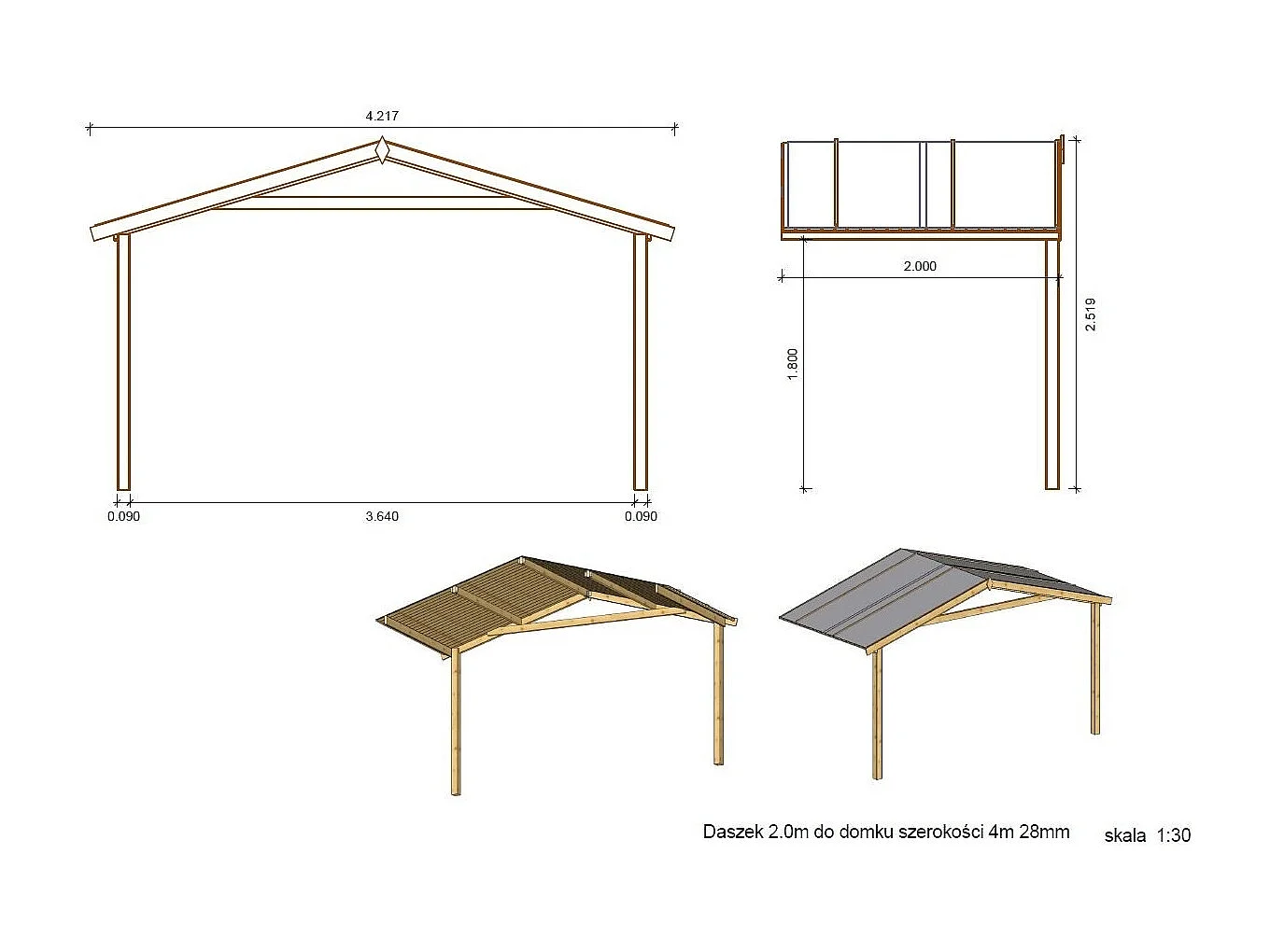 Casetta da giardino in legno con veranda e tettoia - 24m2 - 4x4m - impregnata - 28mm - colore: marrone - DOM181+DOM78+DOM79+POD05 - ALTANKA