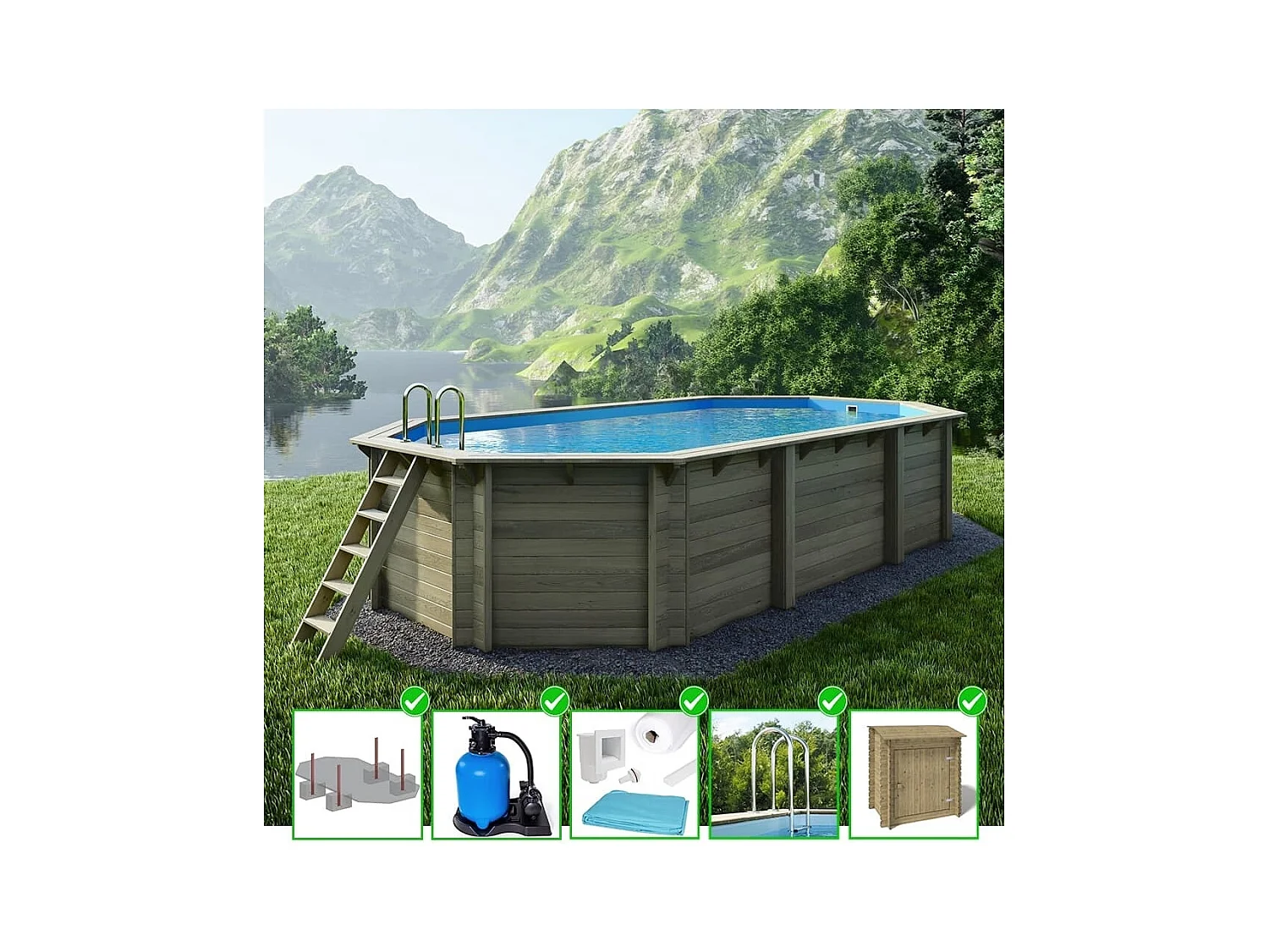 Piscina in legno Nemo 7.3x3.97 - H.1.45 m con profilo da cementare - BAS7305OSPI+SZA - ALTANKA