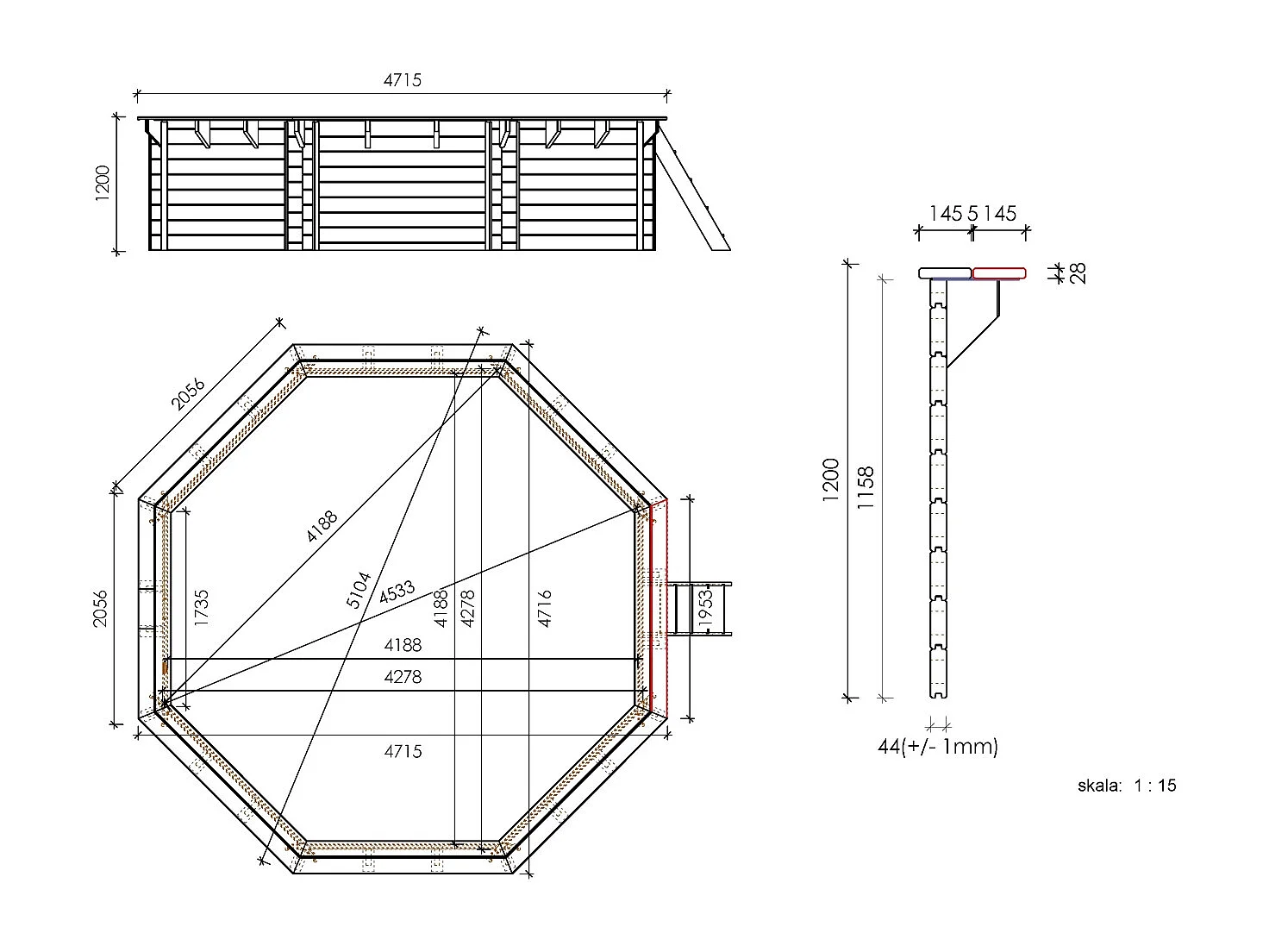 Piscine en bois 4.71x4.72 - H.1.2 m autoportante - BAS753OSP+SZA7 - ALTANKA