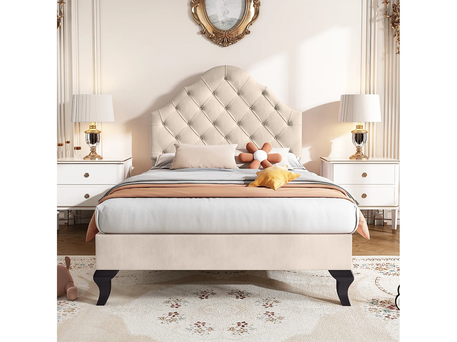 Polsterbett mit verstellbarem Kopfteil – 90 x 200 cm – Samtstoff – Lattenrost – Beige