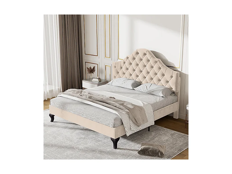 Letto imbottito con testiera regolabile - 140 x 190 cm - tessuto in velluto - rete a doghe - beige