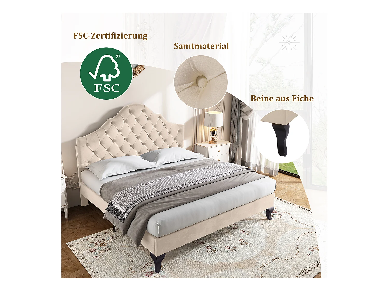 Polsterbett mit verstellbarem Kopfteil – 140 x 190 cm – Samtstoff – Lattenrost – Beige