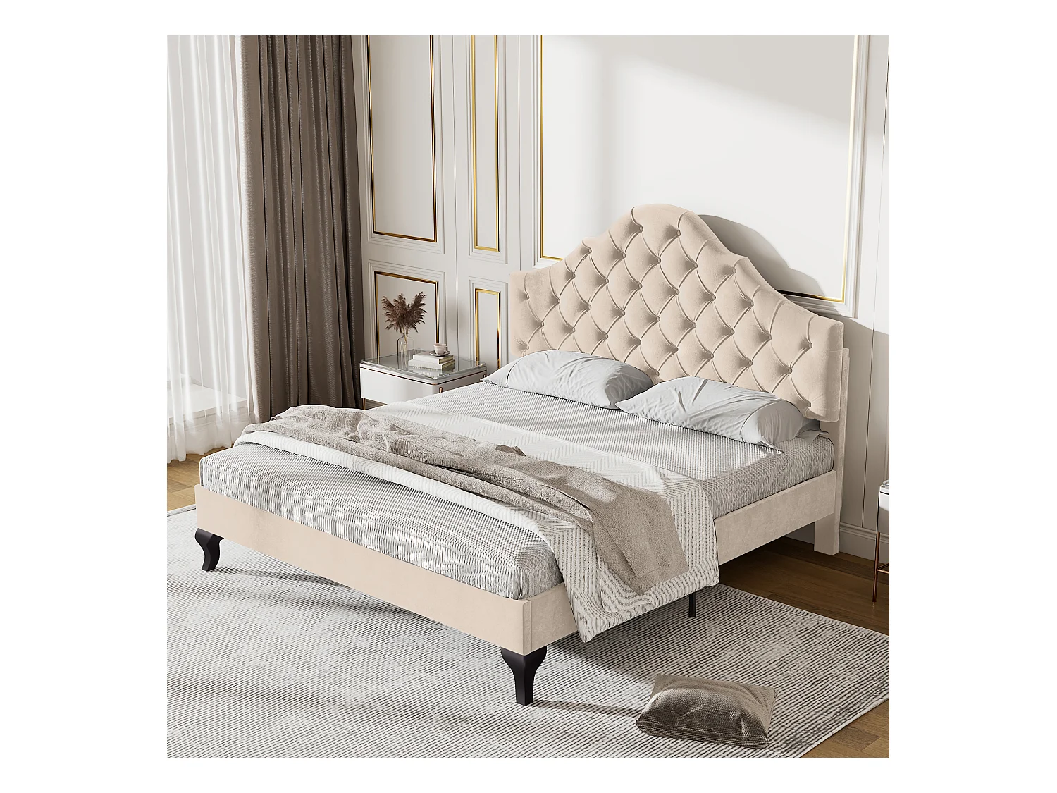 Lit capitonné avec tête de lit réglable - 140 x 190 cm - tissu en velours - sommier à lattes - beige