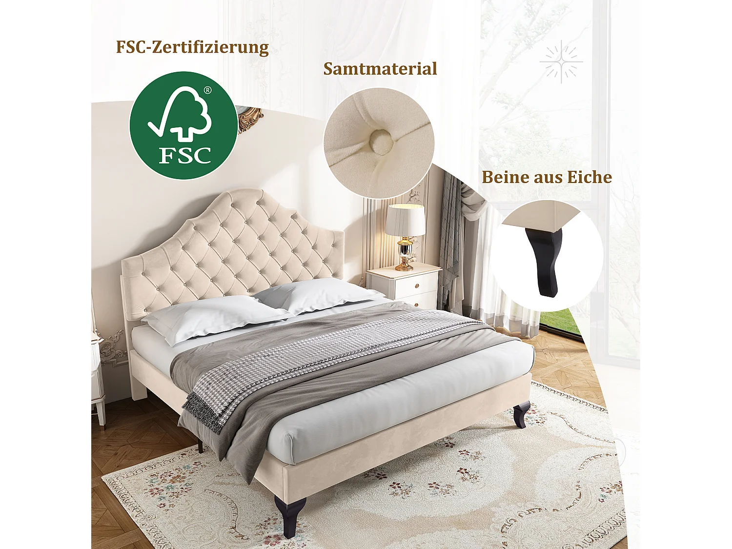 Łóżko tapicerowane z regulowanym zagłówkiem - 140 x 190 cm - tkanina welurowa - stelaż listwowy - beż