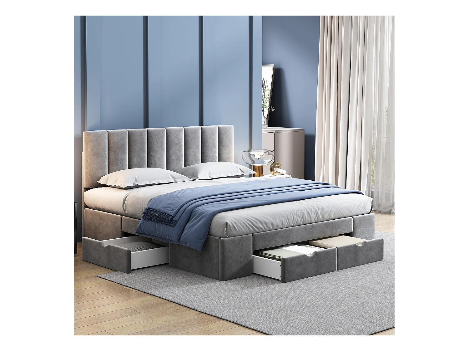 Lit adulte avec 4 tiroirs et tête de lit - 160 x 200 cm - velours - sommier à lattes - coloris gris