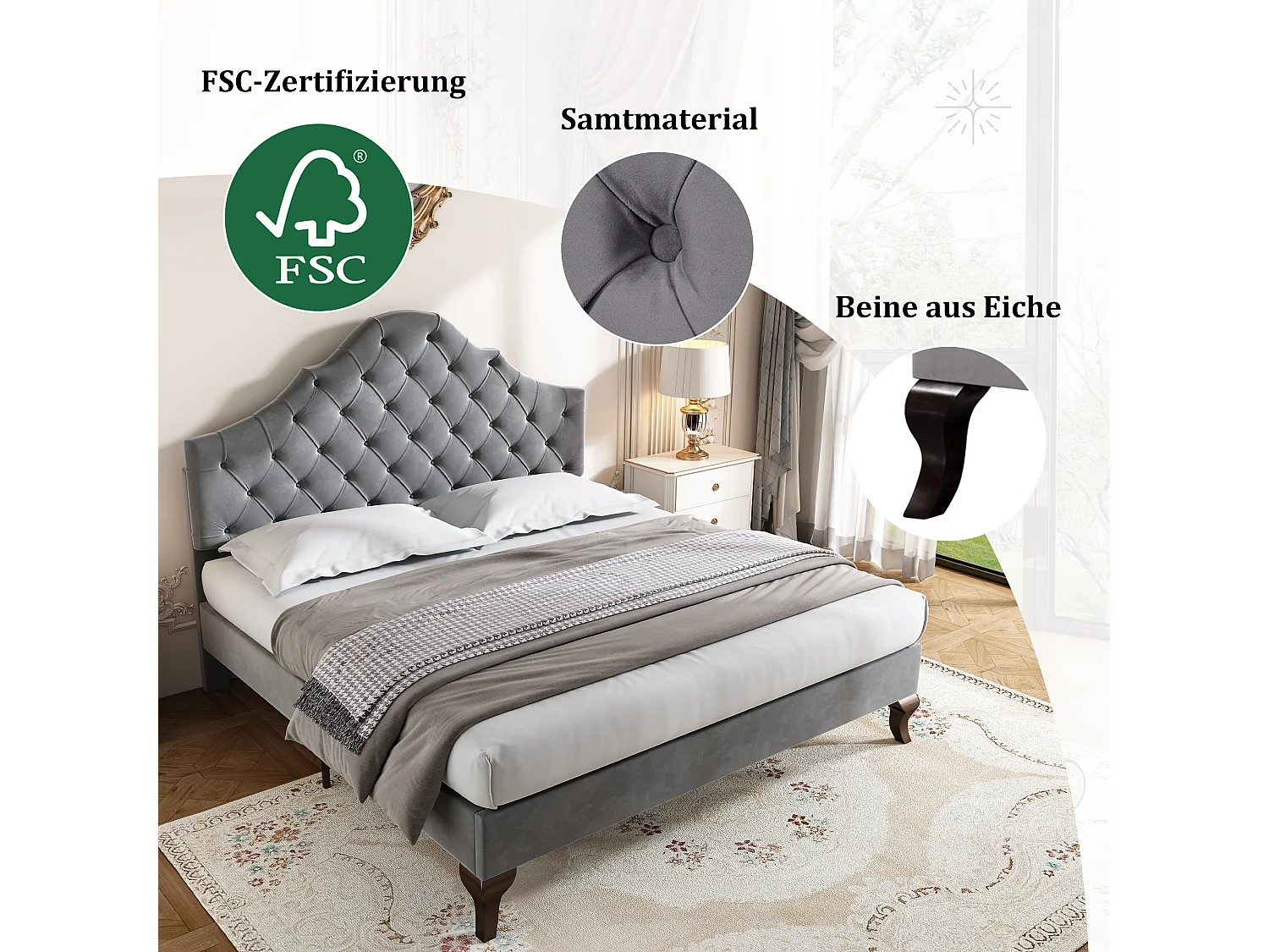 Bed met verstelbaar hoofdeinde voor volwassenen - 140 x 200 cm - fluweel - Scandinavische stijl - grijs