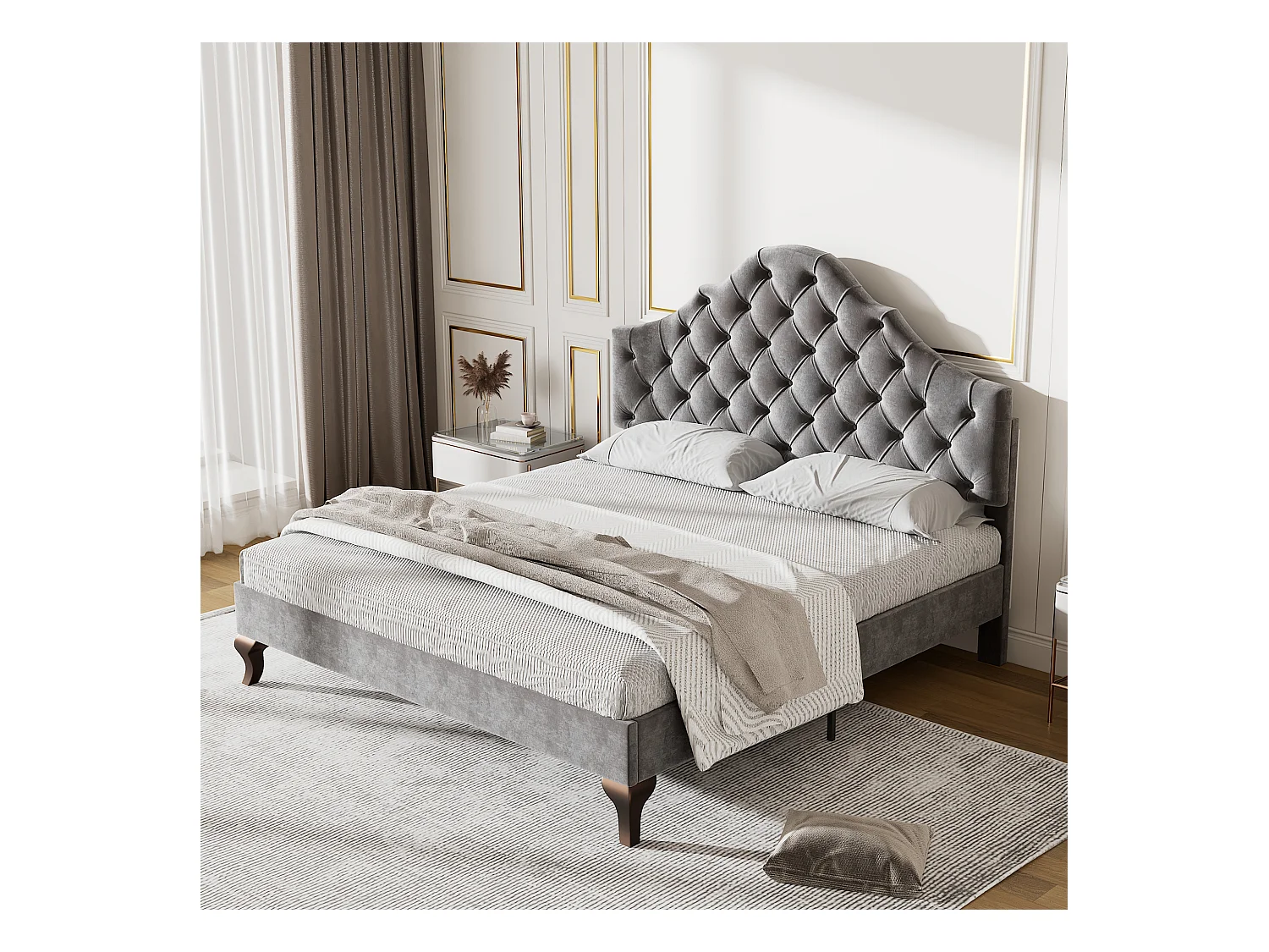 Lit avec tête de lit réglable pour adulte - 140 x 200 cm - velours - style scandinave - gris