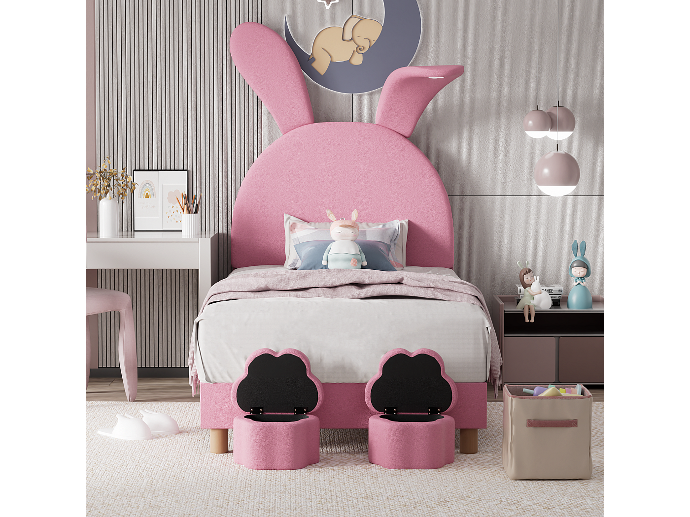 Gewatteerd kinderbed in kunstleer met LED in diverse kleuren - houten