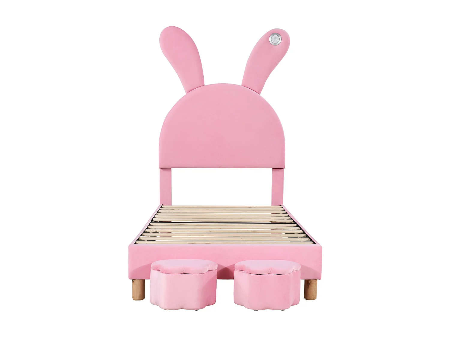 Letto imbottito 90 x 200 cm con 2 sgabelli contenitore per bambini - comodino LED - testiera regolabile - velluto - rosa