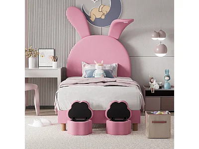 Lit capitonné 90 x 200 cm avec 2 tabourets de rangement pour enfant - chevet LEDs - tête de lit réglable - velours - rose