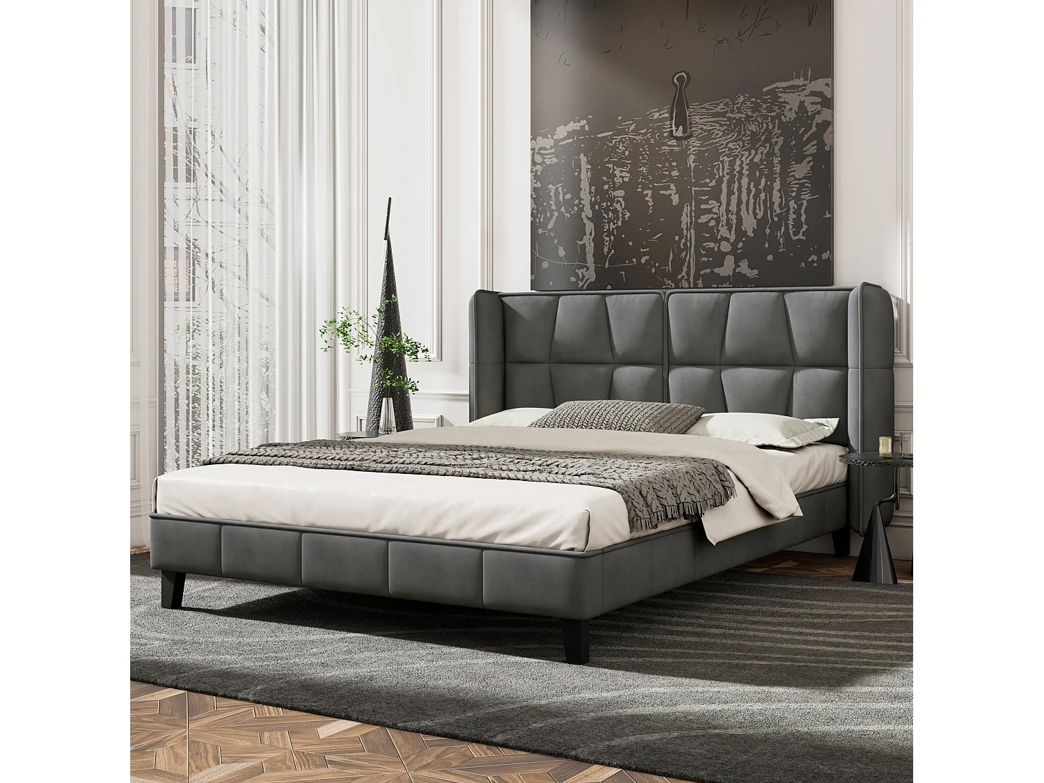 Lit capitonné avec tête de lit - 140 x 200 cm - velours - pour adultes & adolescents - gris