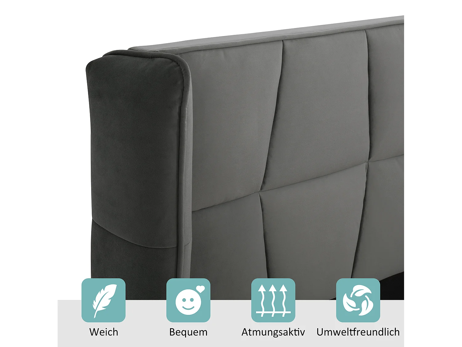 Lit capitonné avec tête de lit - 140 x 200 cm - velours - pour adultes & adolescents - gris