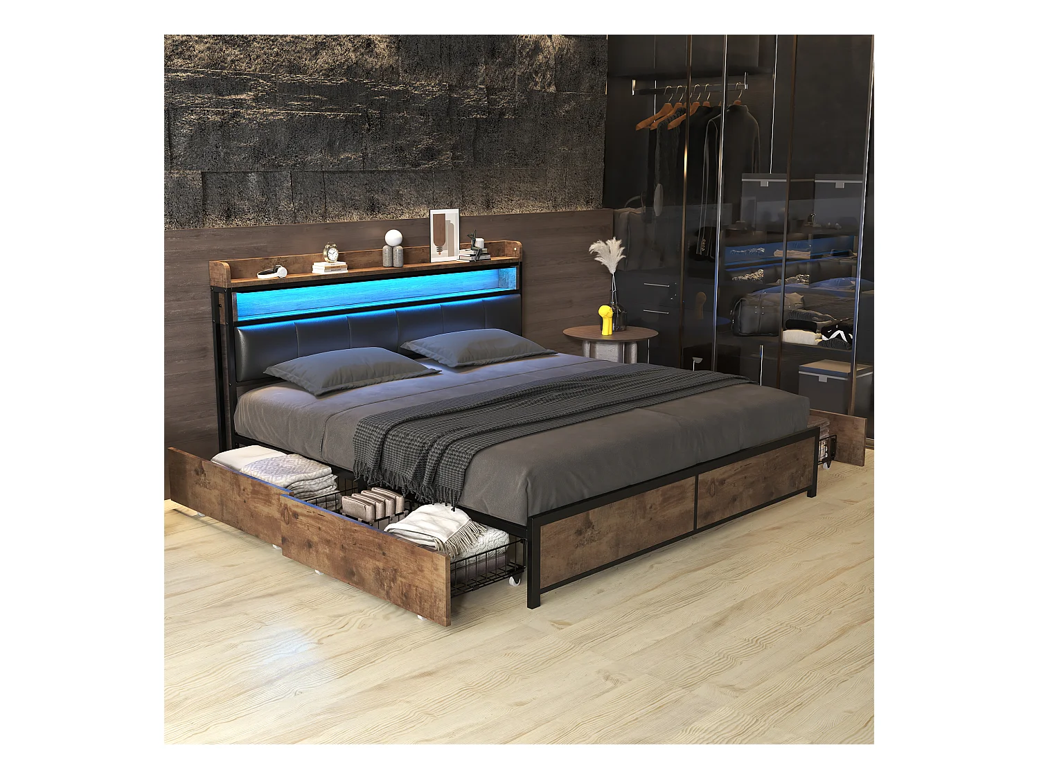 Lit capitonné avec tête de lit - 180 x 200 cm - 4 tiroirs - LEDs - métal et bois - coloris marron et noir