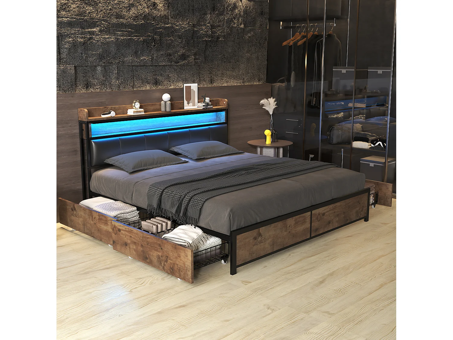 Cama estofada com cabeceira - 180 x 200 cm - 4 gavetas - LEDs - metal e madeira - cores marrom e preto