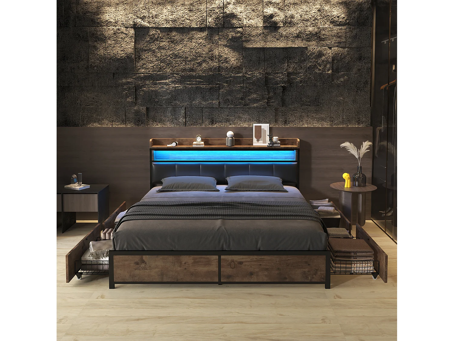 Cama estofada com cabeceira - 180 x 200 cm - 4 gavetas - LEDs - metal e madeira - cores marrom e preto