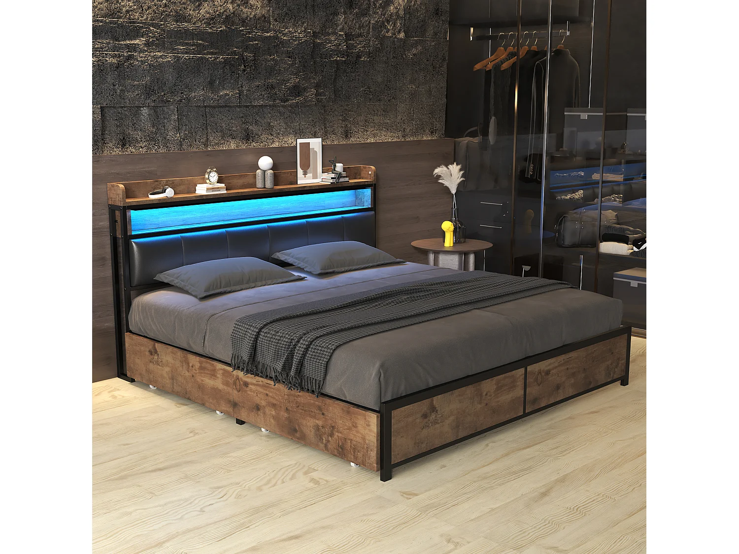 Cama estofada com cabeceira - 180 x 200 cm - 4 gavetas - LEDs - metal e madeira - cores marrom e preto