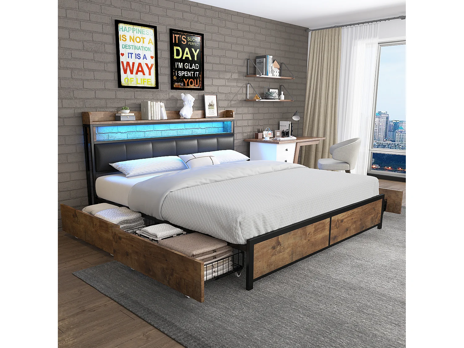 Cama estofada com cabeceira - 180 x 200 cm - 4 gavetas - LEDs - metal e madeira - cores marrom e preto