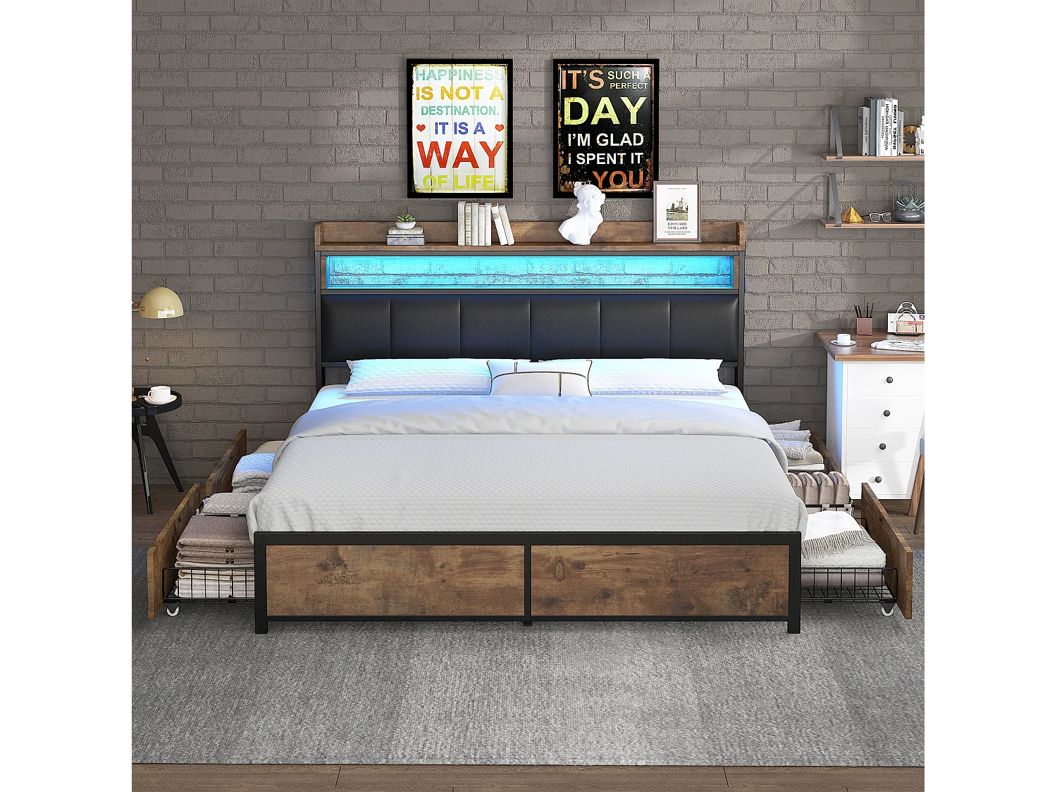 Cama estofada com cabeceira - 180 x 200 cm - 4 gavetas - LEDs - metal e madeira - cores marrom e preto