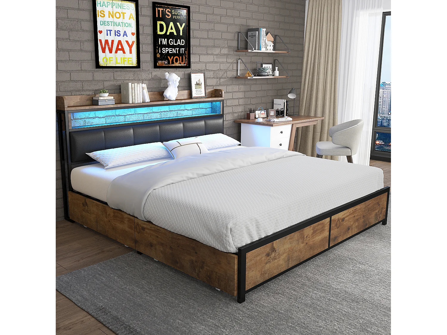 Cama estofada com cabeceira - 180 x 200 cm - 4 gavetas - LEDs - metal e madeira - cores marrom e preto