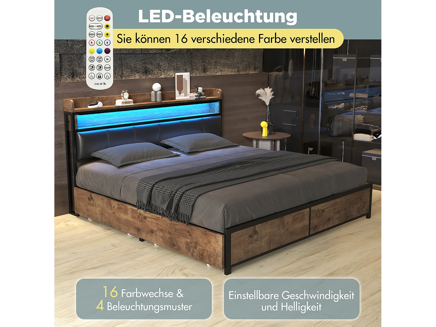 Cama estofada com cabeceira - 180 x 200 cm - 4 gavetas - LEDs - metal e madeira - cores marrom e preto