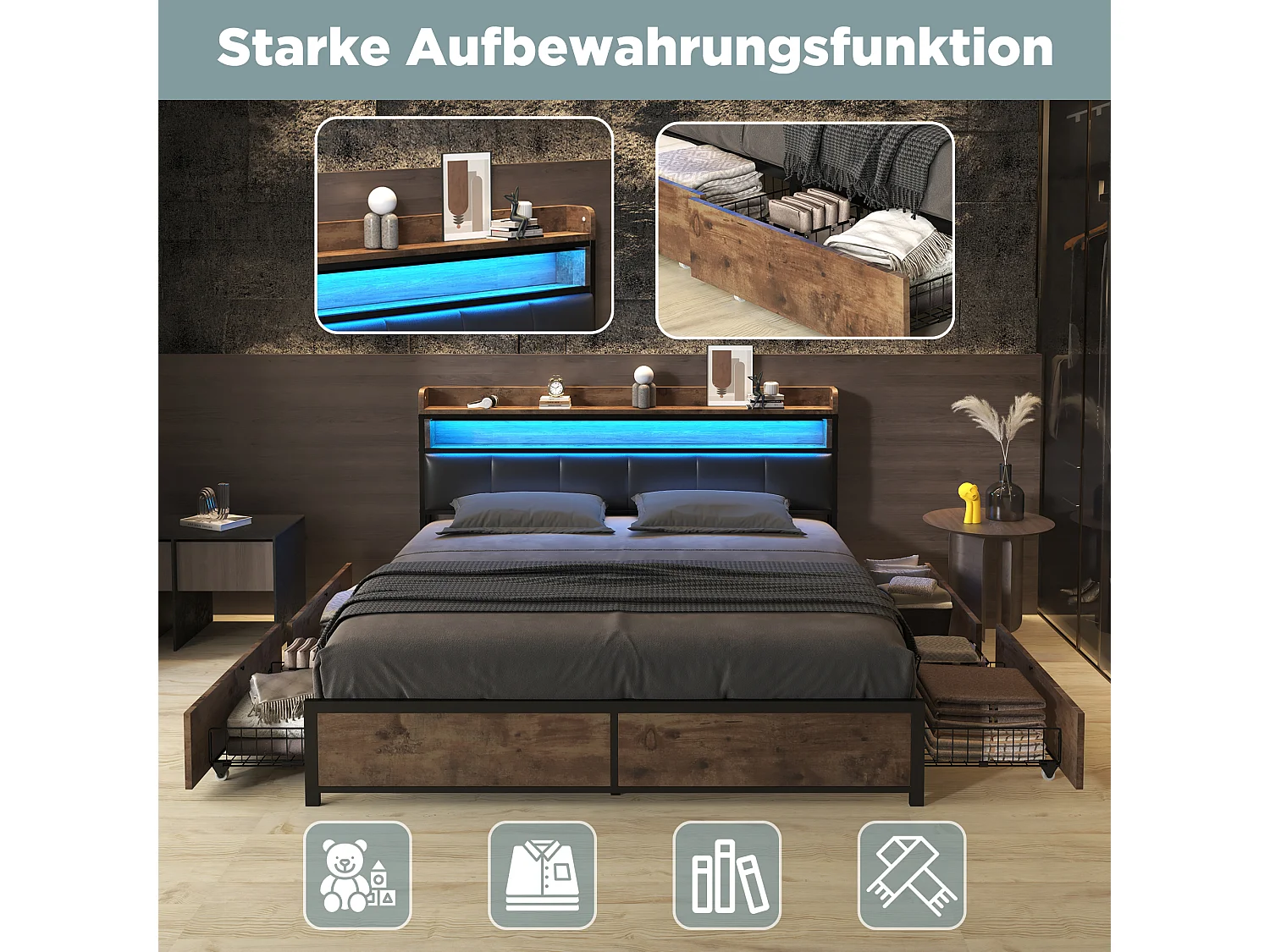 Cama estofada com cabeceira - 180 x 200 cm - 4 gavetas - LEDs - metal e madeira - cores marrom e preto