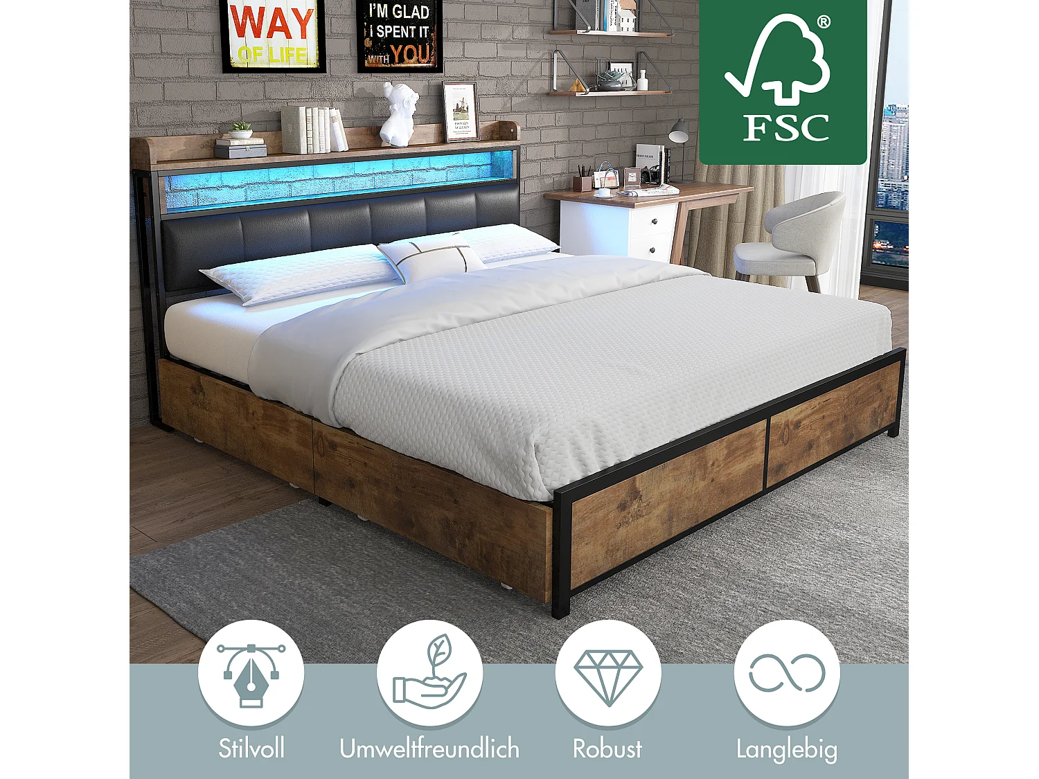 Cama estofada com cabeceira - 180 x 200 cm - 4 gavetas - LEDs - metal e madeira - cores marrom e preto