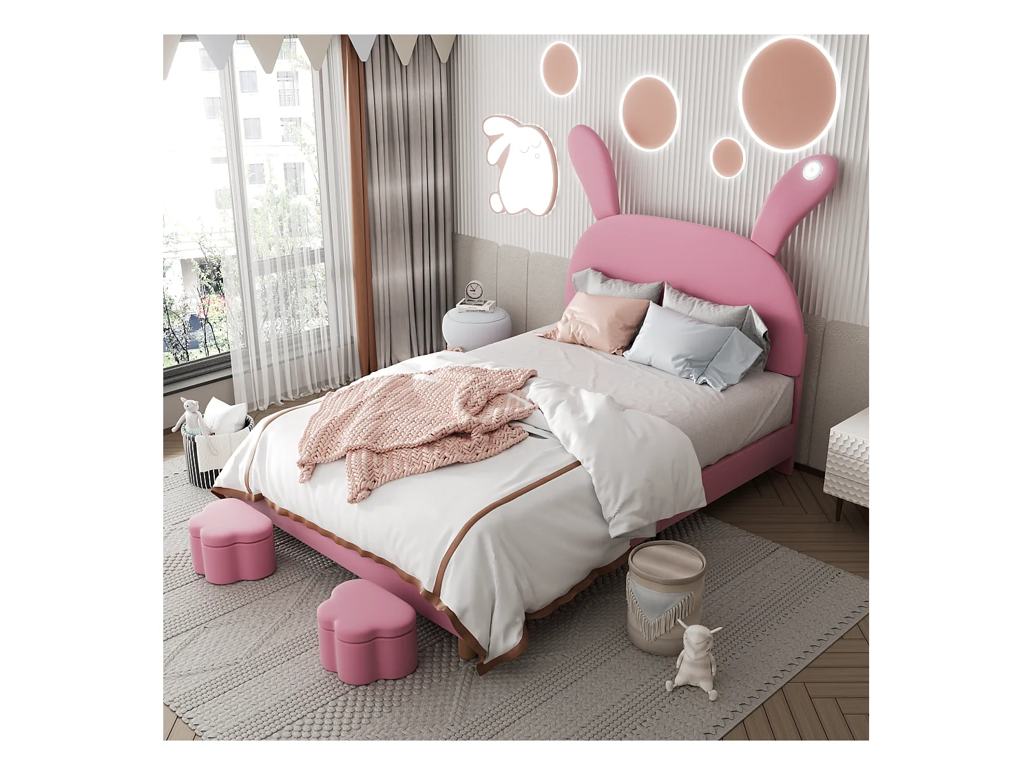Gestoffeerd bed 140 x 200 cm met 2 opbergkrukjes voor kinderen - LED-nachtkastje - verstelbaar hoofdeinde - fluweel - roze