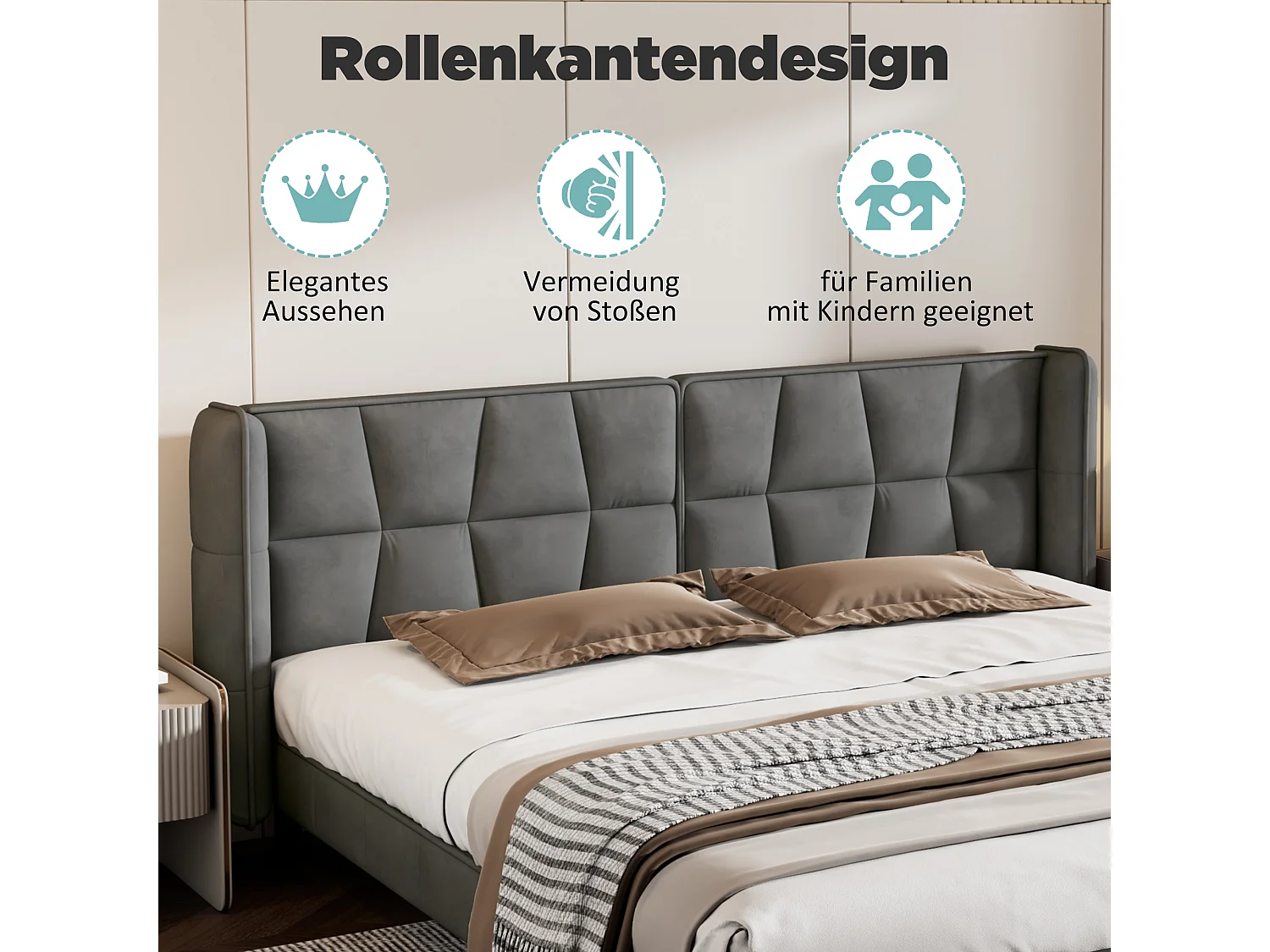 Cama estofada com cabeceira - 180 x 200 cm - veludo - para adultos e adolescentes - cinza