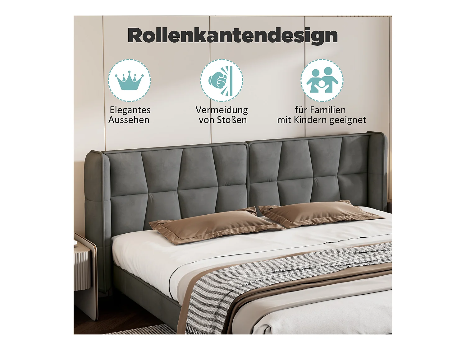 Letto imbottito con testiera - 180 x 200 cm - velluto - per adulti e ragazzi - grigio