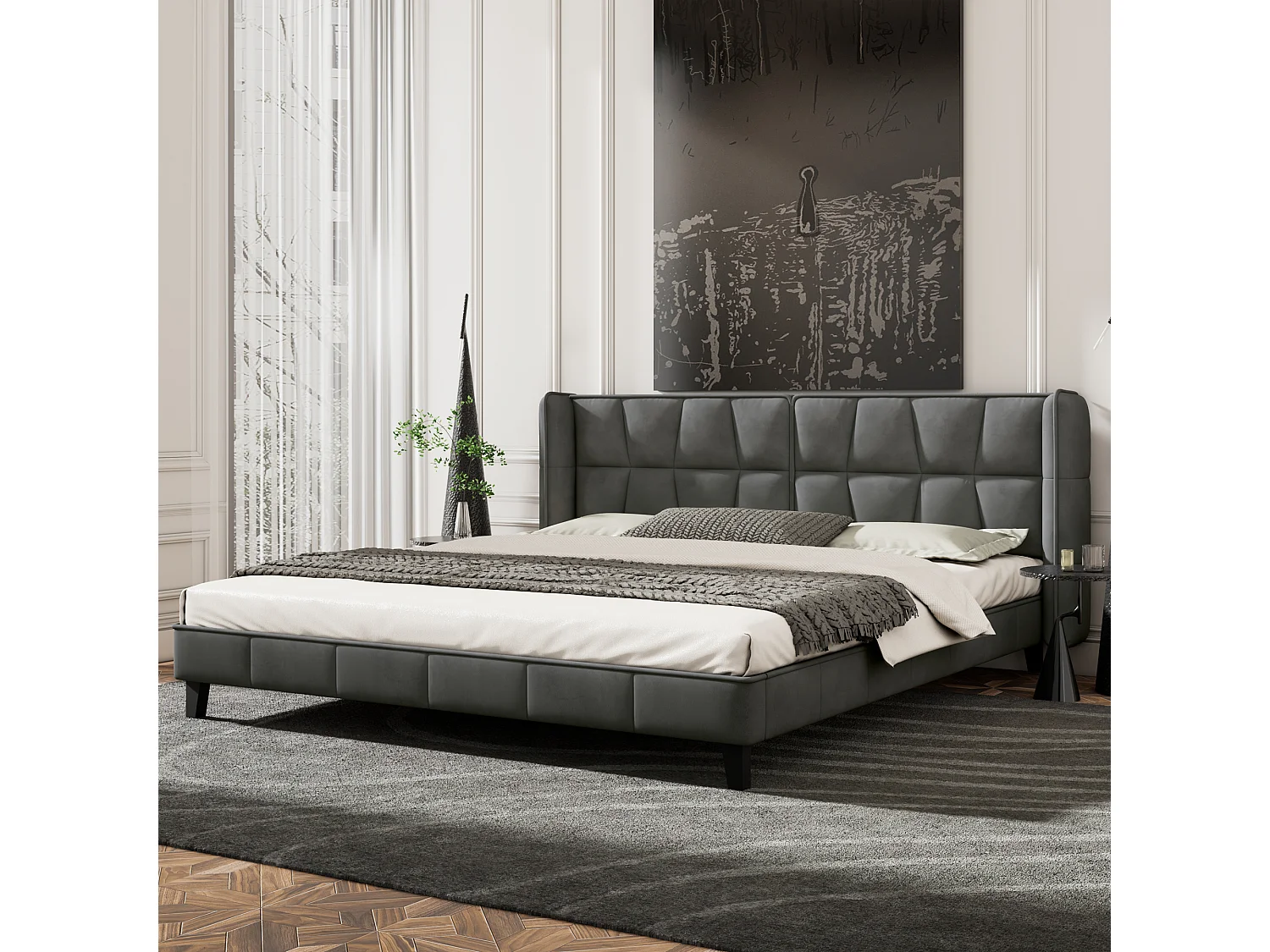 Lit capitonné avec tête de lit - 180 x 200 cm - velours - pour adultes & adolescents - gris