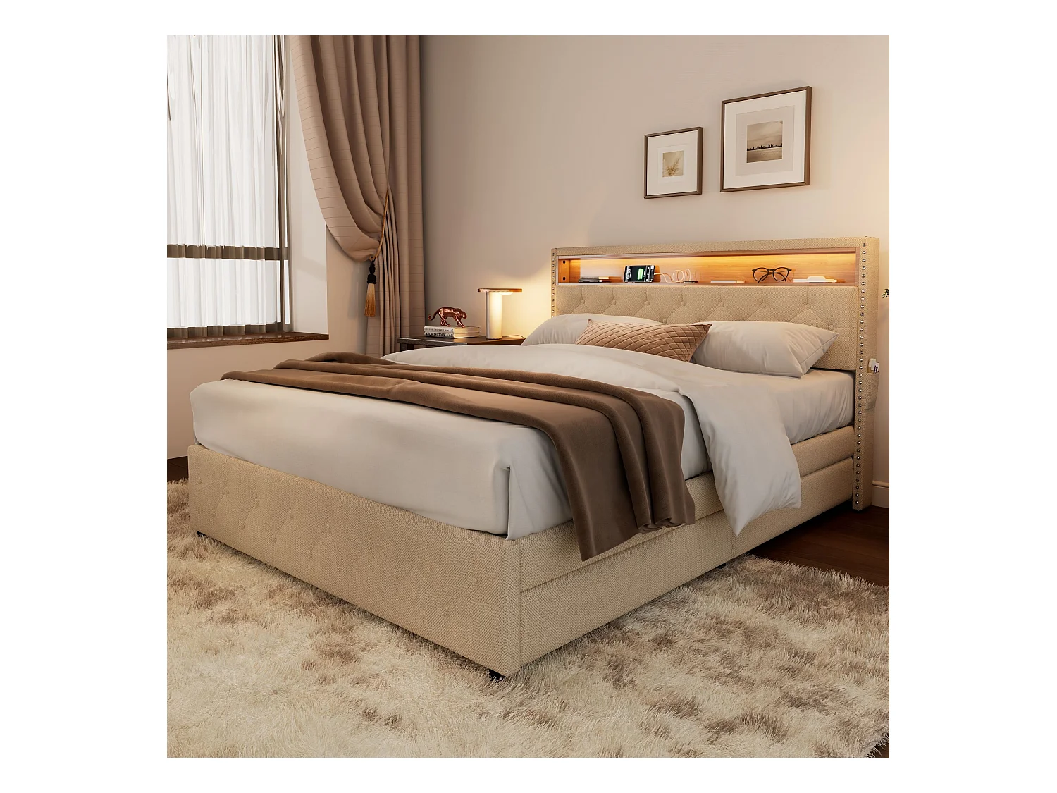 Lit capitonné avec 4 tiroirs et étagère - 160 x 200 cm - LEDs et USB - tissu en lin - sommier à lattes - beige