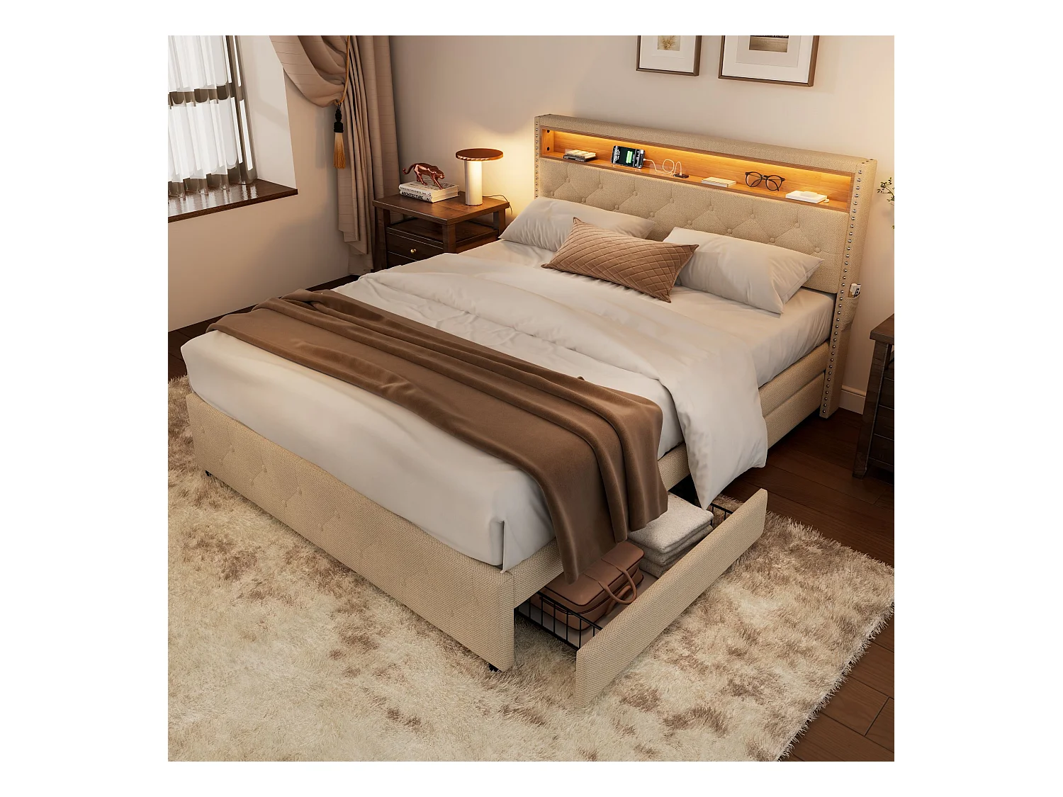 Lit capitonné avec 4 tiroirs et étagère - 160 x 200 cm - LEDs et USB - tissu en lin - sommier à lattes - beige