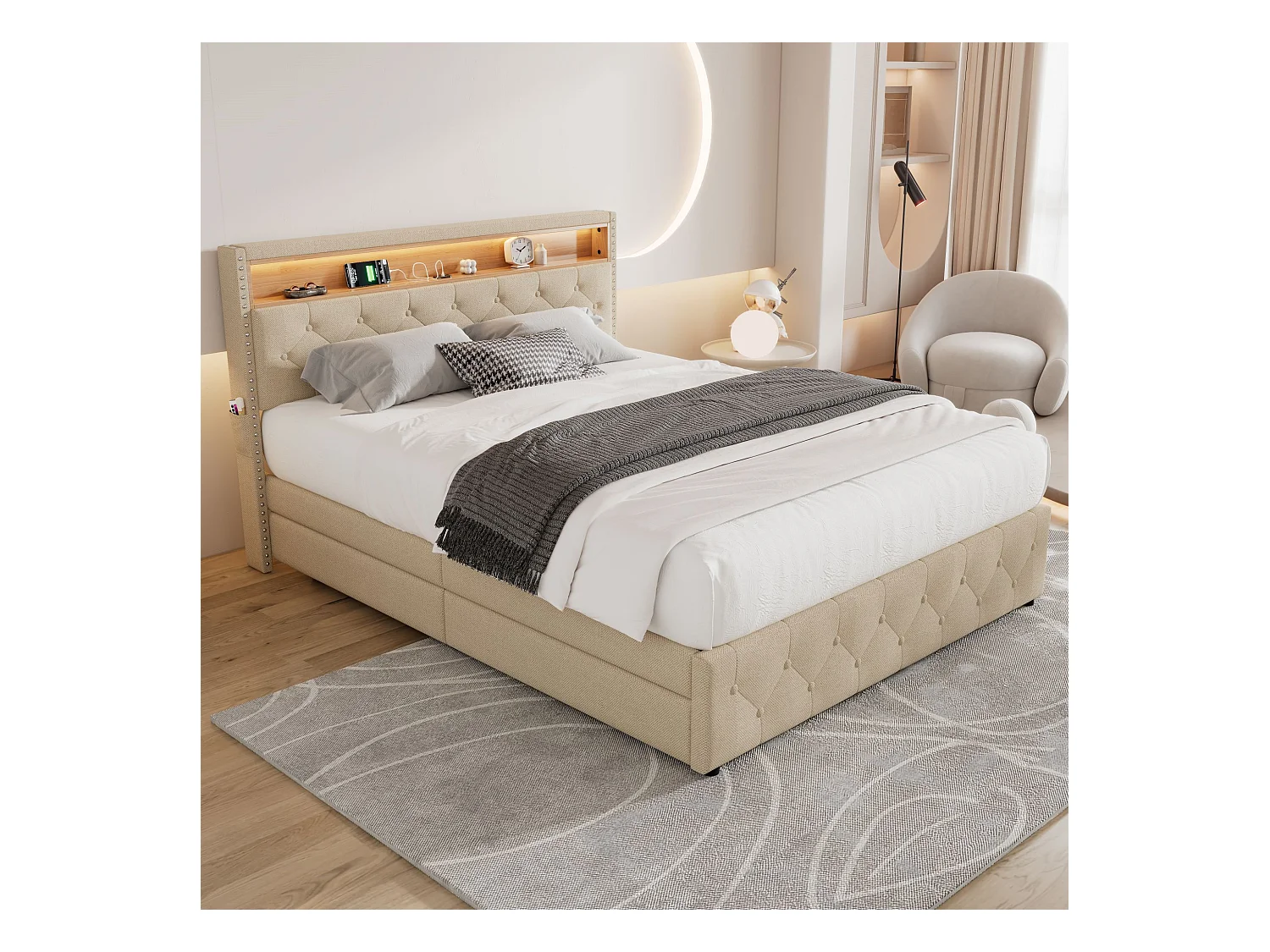 Lit capitonné avec 4 tiroirs et étagère - 160 x 200 cm - LEDs et USB - tissu en lin - sommier à lattes - beige