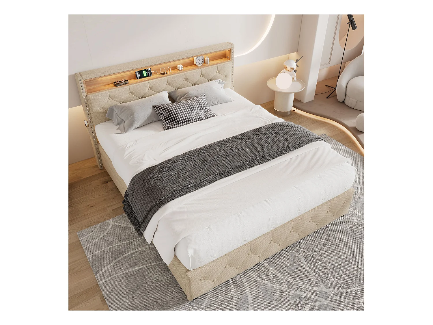 Lit capitonné avec 4 tiroirs et étagère - 160 x 200 cm - LEDs et USB - tissu en lin - sommier à lattes - beige