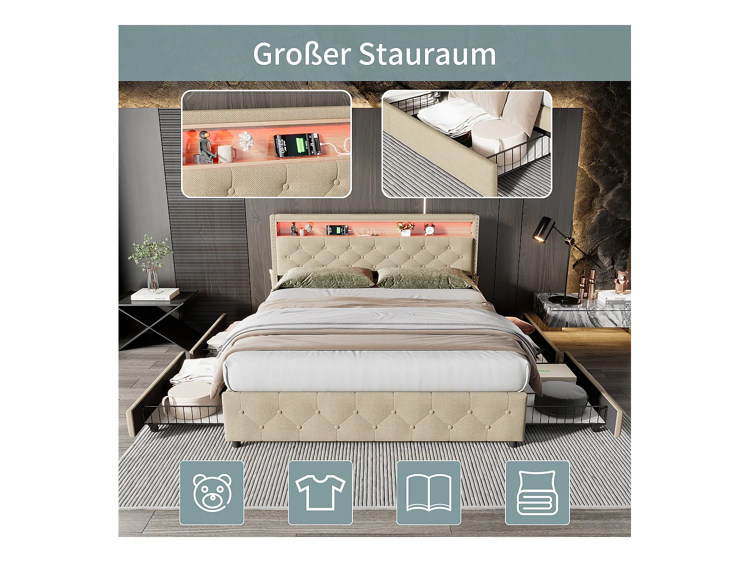 Lit capitonné avec 4 tiroirs et étagère - 160 x 200 cm - LEDs et USB - tissu en lin - sommier à lattes - beige