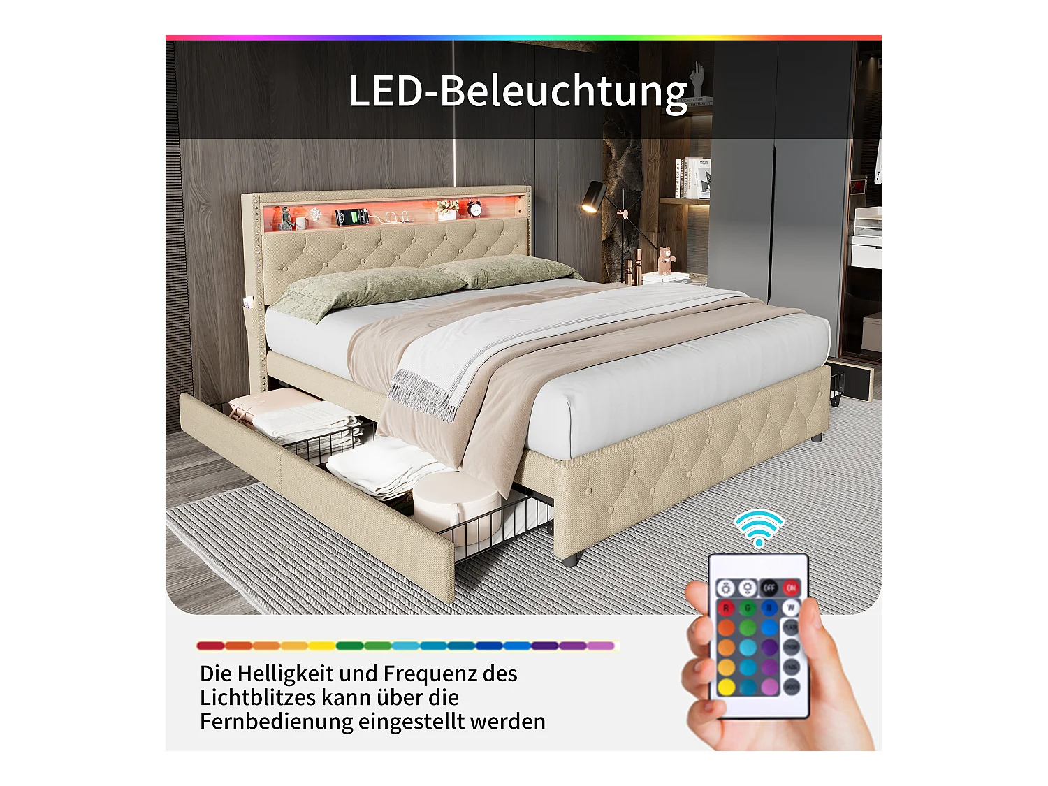 Lit capitonné avec 4 tiroirs et étagère - 160 x 200 cm - LEDs et USB - tissu en lin - sommier à lattes - beige