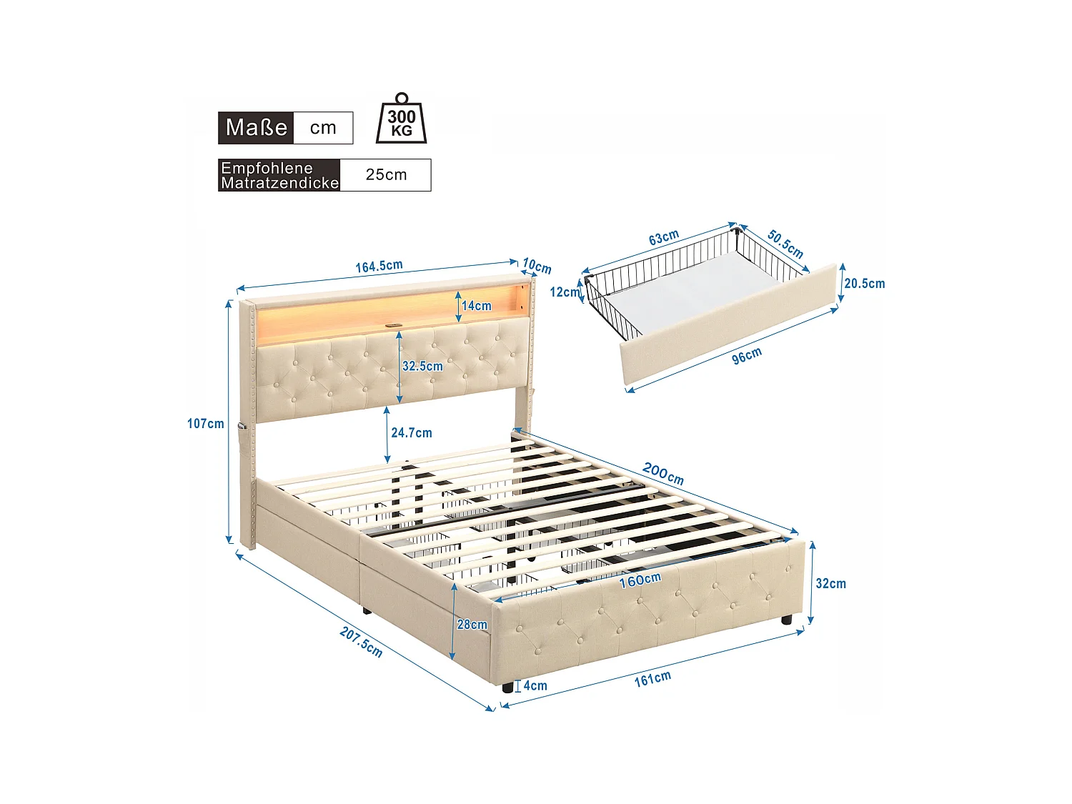 Lit capitonné avec 4 tiroirs et étagère - 160 x 200 cm - LEDs et USB - tissu en lin - sommier à lattes - beige