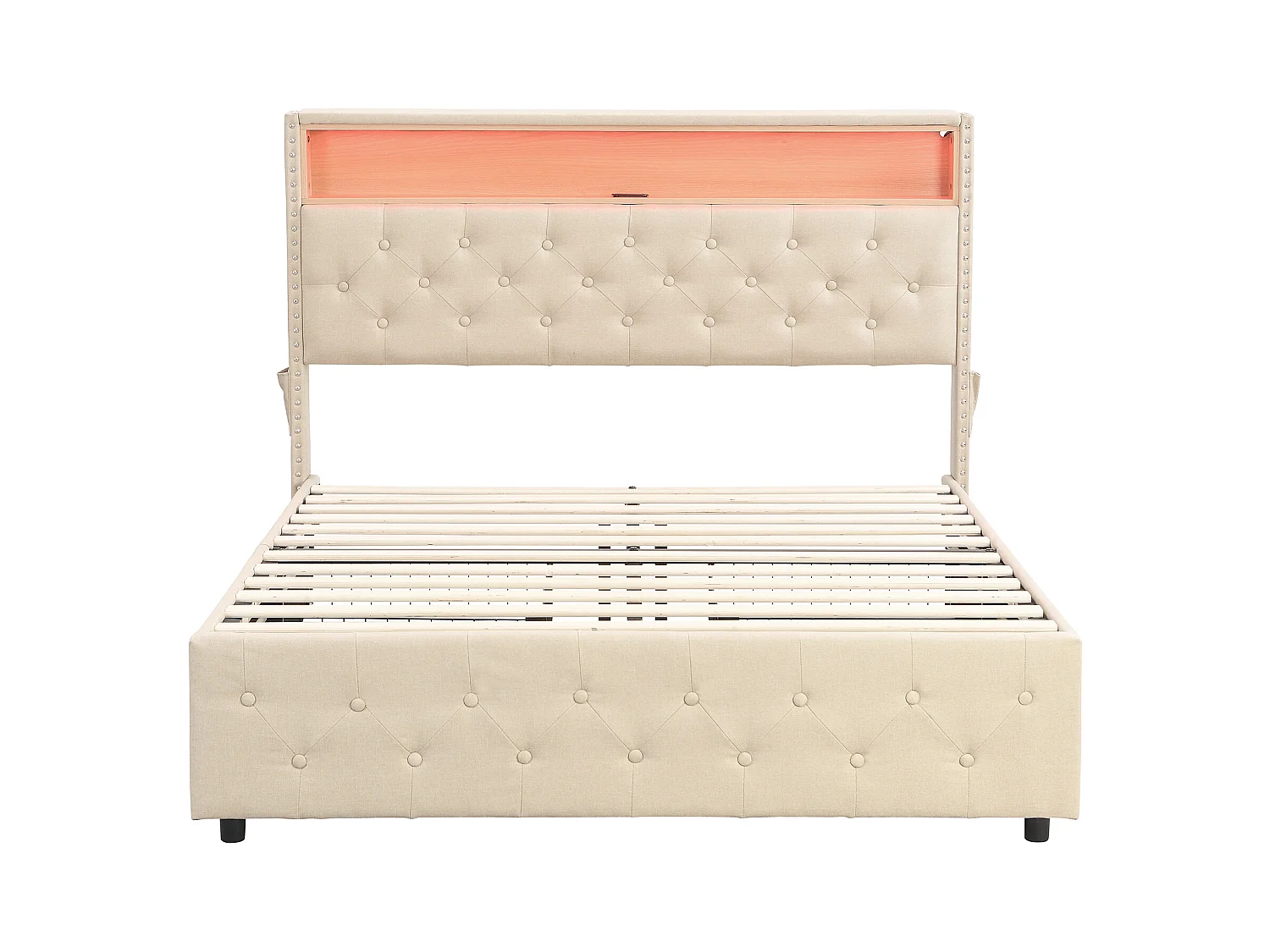 Lit capitonné avec 4 tiroirs et étagère - 160 x 200 cm - LEDs et USB - tissu en lin - sommier à lattes - beige