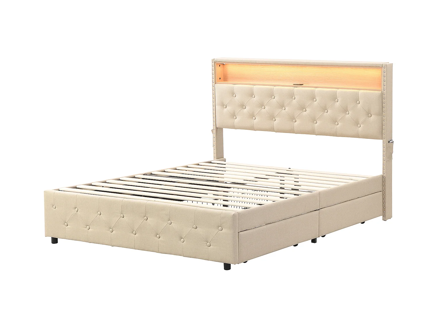 Lit capitonné avec 4 tiroirs et étagère - 160 x 200 cm - LEDs et USB - tissu en lin - sommier à lattes - beige