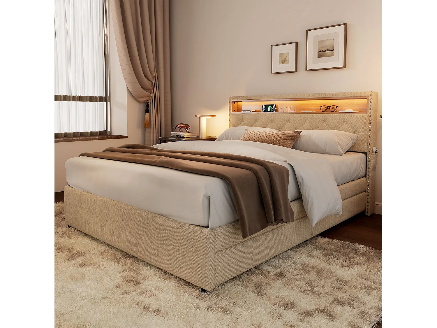 Gestoffeerd bed met 4 lades en plank - 160 x 200 cm - LED's en USB - linnen stof - lattenbodem - beige