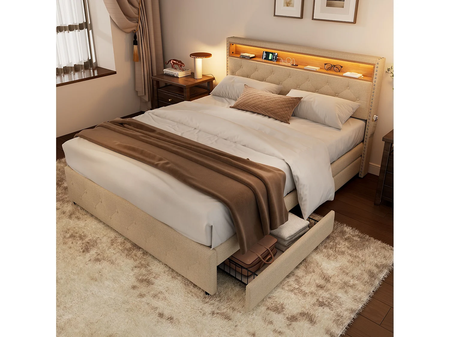 Gestoffeerd bed met 4 lades en plank - 160 x 200 cm - LED's en USB - linnen stof - lattenbodem - beige