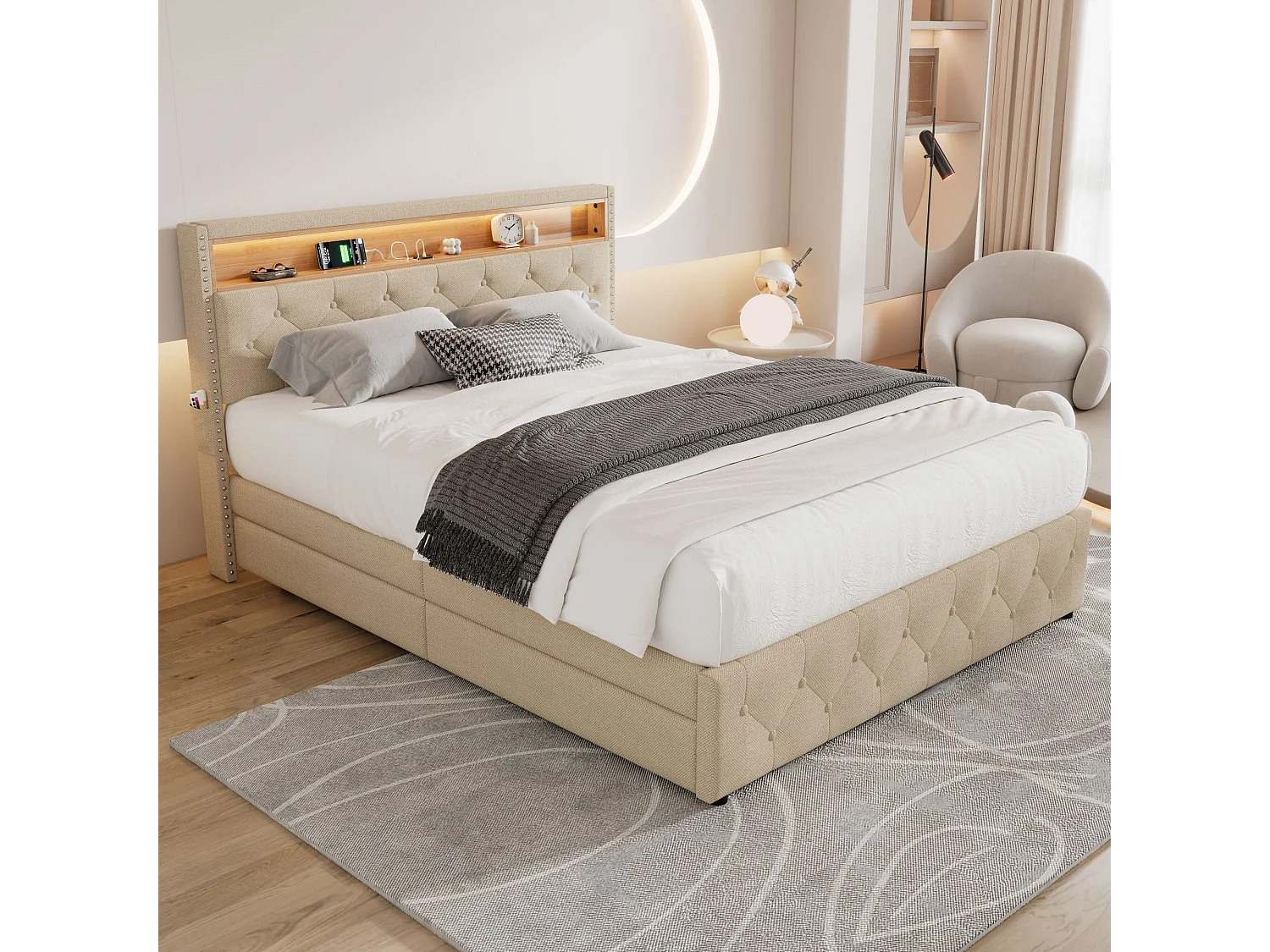 Gestoffeerd bed met 4 lades en plank - 160 x 200 cm - LED's en USB - linnen stof - lattenbodem - beige