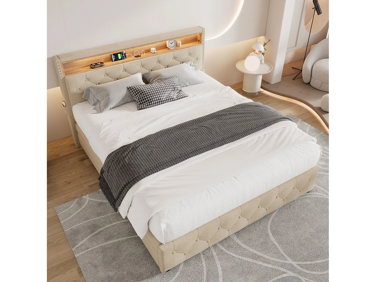 Gestoffeerd bed met 4 lades en plank - 160 x 200 cm - LED's en USB - linnen stof - lattenbodem - beige