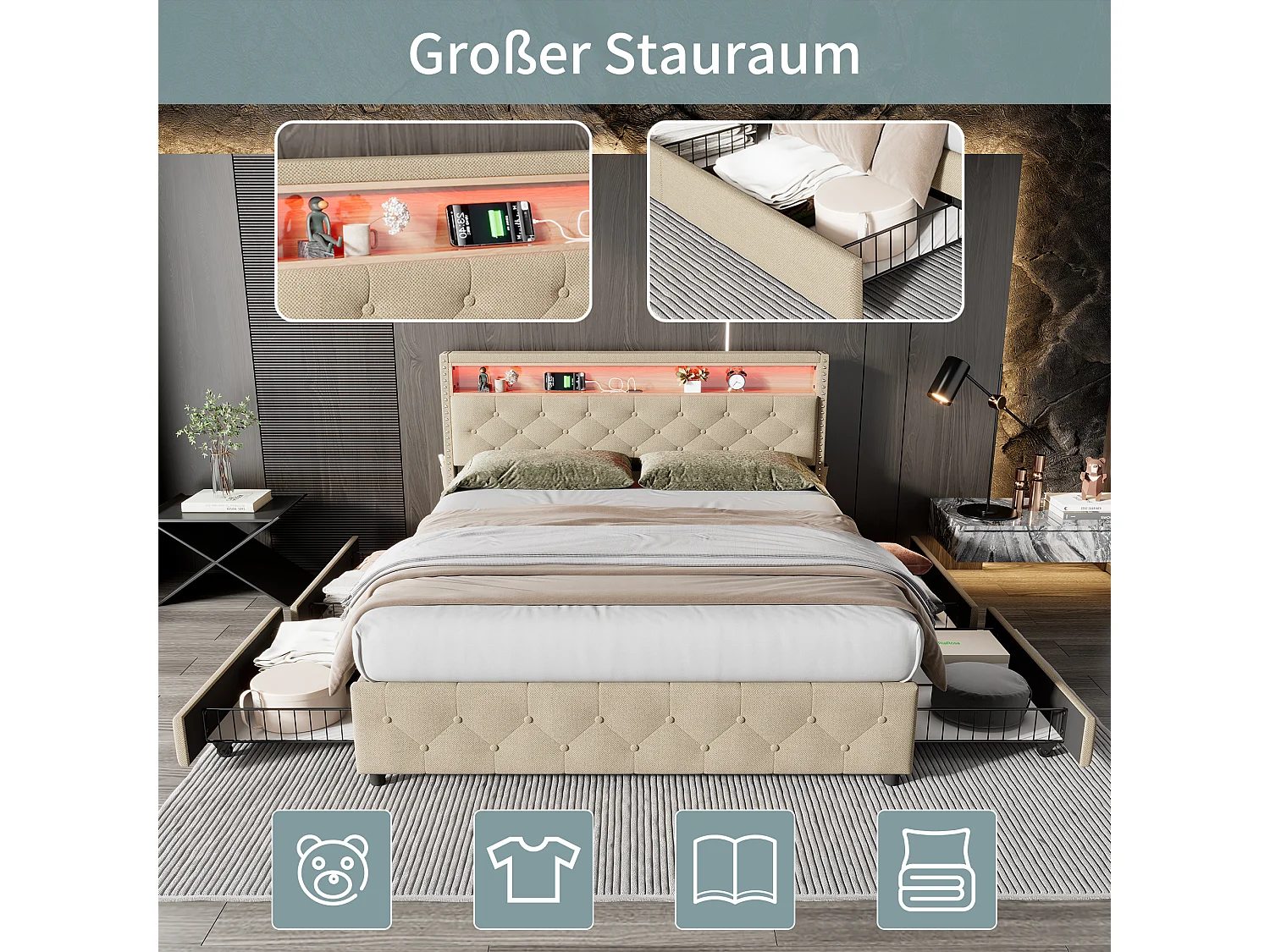 Gestoffeerd bed met 4 lades en plank - 160 x 200 cm - LED's en USB - linnen stof - lattenbodem - beige
