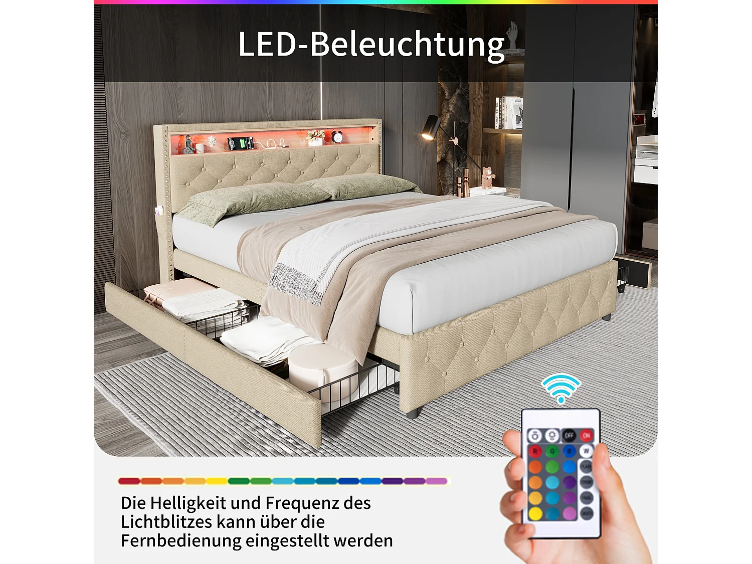 Gestoffeerd bed met 4 lades en plank - 160 x 200 cm - LED's en USB - linnen stof - lattenbodem - beige